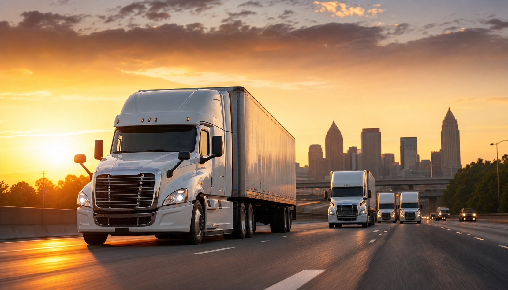 EB General fleet of trucks on Atlanta highway at golden hour