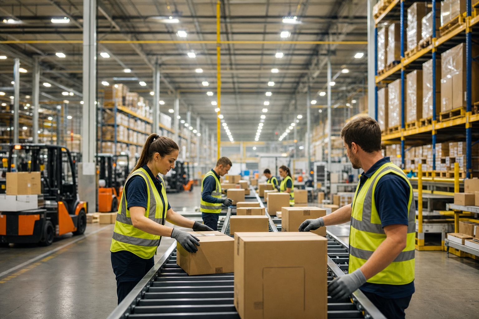Warehouse workers sorting packages on conveyor belts
